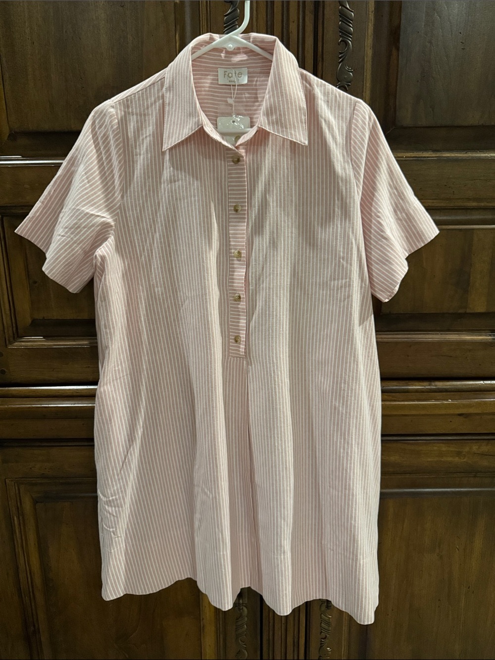 Fate NWT Pink and White Striped Short-Sleeve Shirt Dress - Small